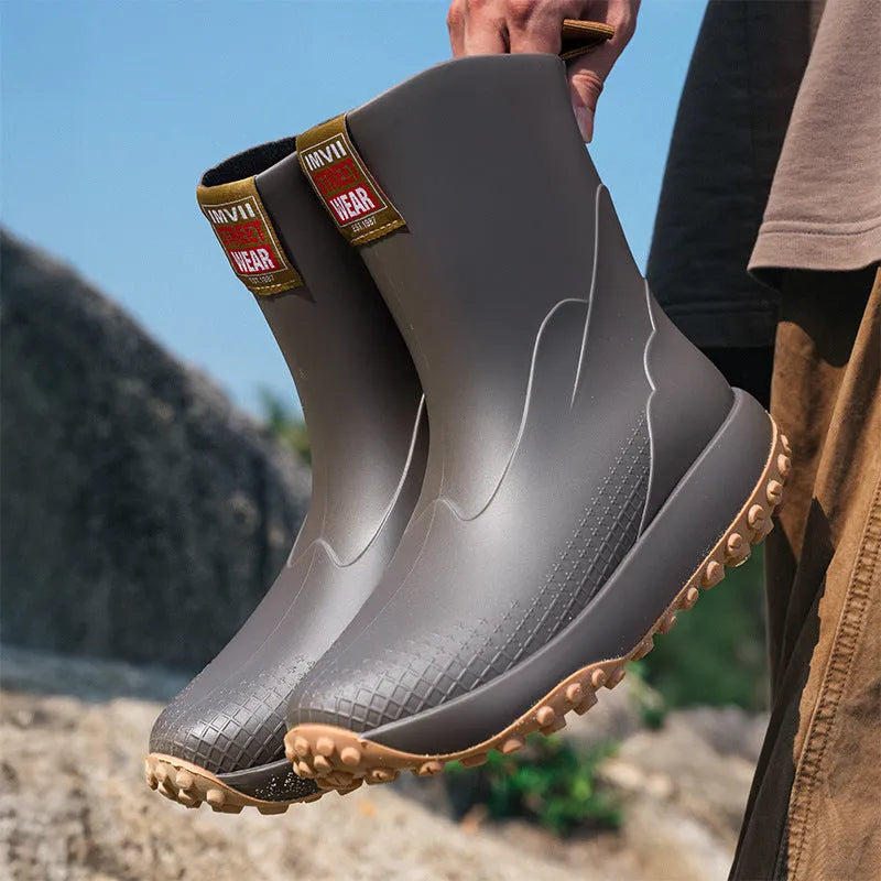 Men's PVC rain boots in beige, brown, black, and black red with plastic soles