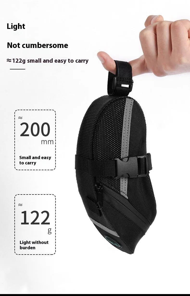 Black cycling saddle bag with quick-release mount showing 20x8x6cm dimensions on bicycle