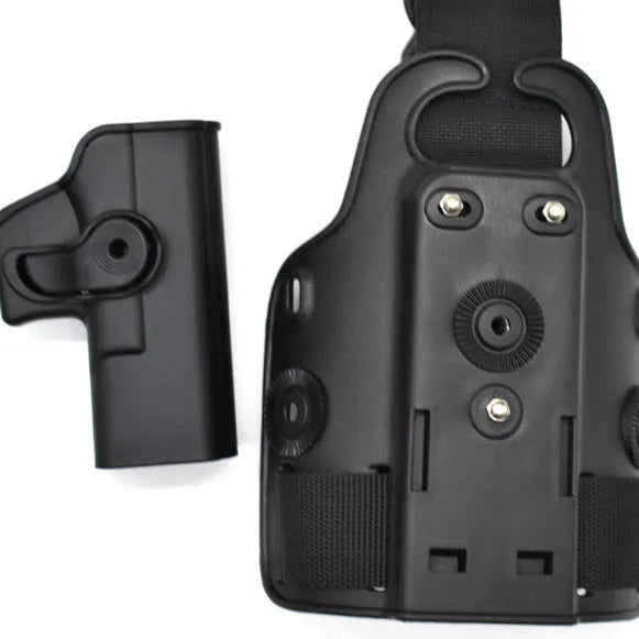 Green tactical leg holster with plastic quick-pull waist plate for attaching a hydration pack.
