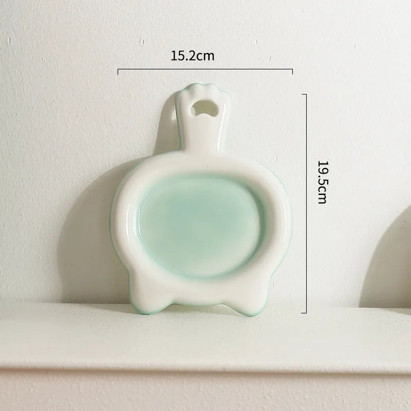 Ceramic cat bowl with shallow design in blue, green, pink, or yellow colour options
