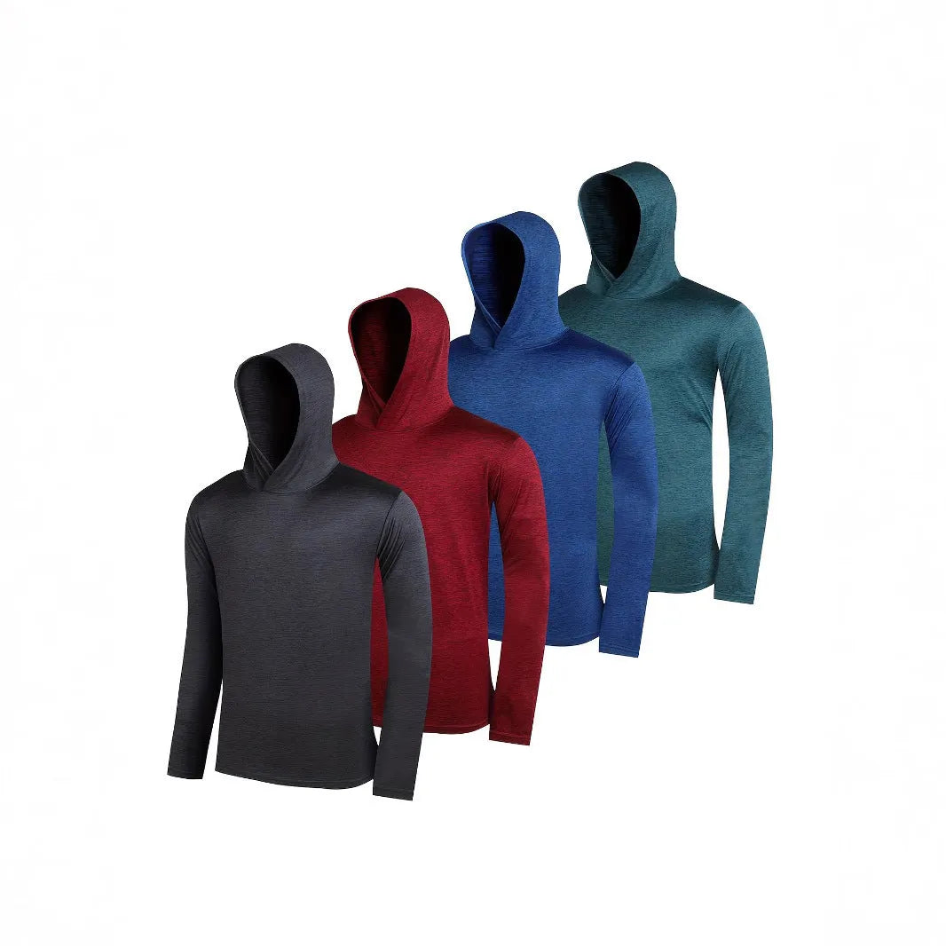 Four coordinated men's hoodies in lightweight elastic polyester fabric showing hooded and non-hooded style options