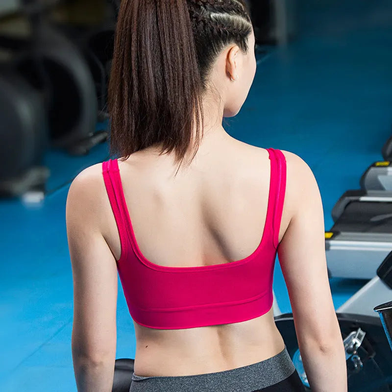Women's sports bra with reinforced shockproof design featuring fixed double shoulder straps and a 3/4 mould cup shape available in black, flesh, lotus colour, pink, and rose red sizes L, M, XL