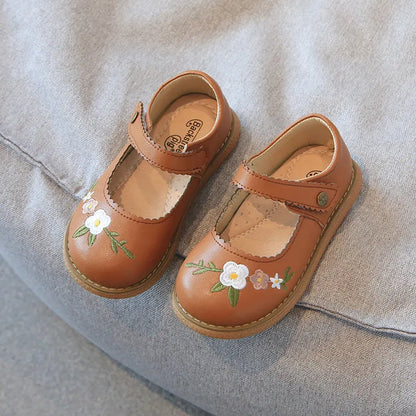 Girls' leather shoes with embroidery, Velcro fastening, two-layer cowhide upper, beef tendon sole, black khaki or ivory white