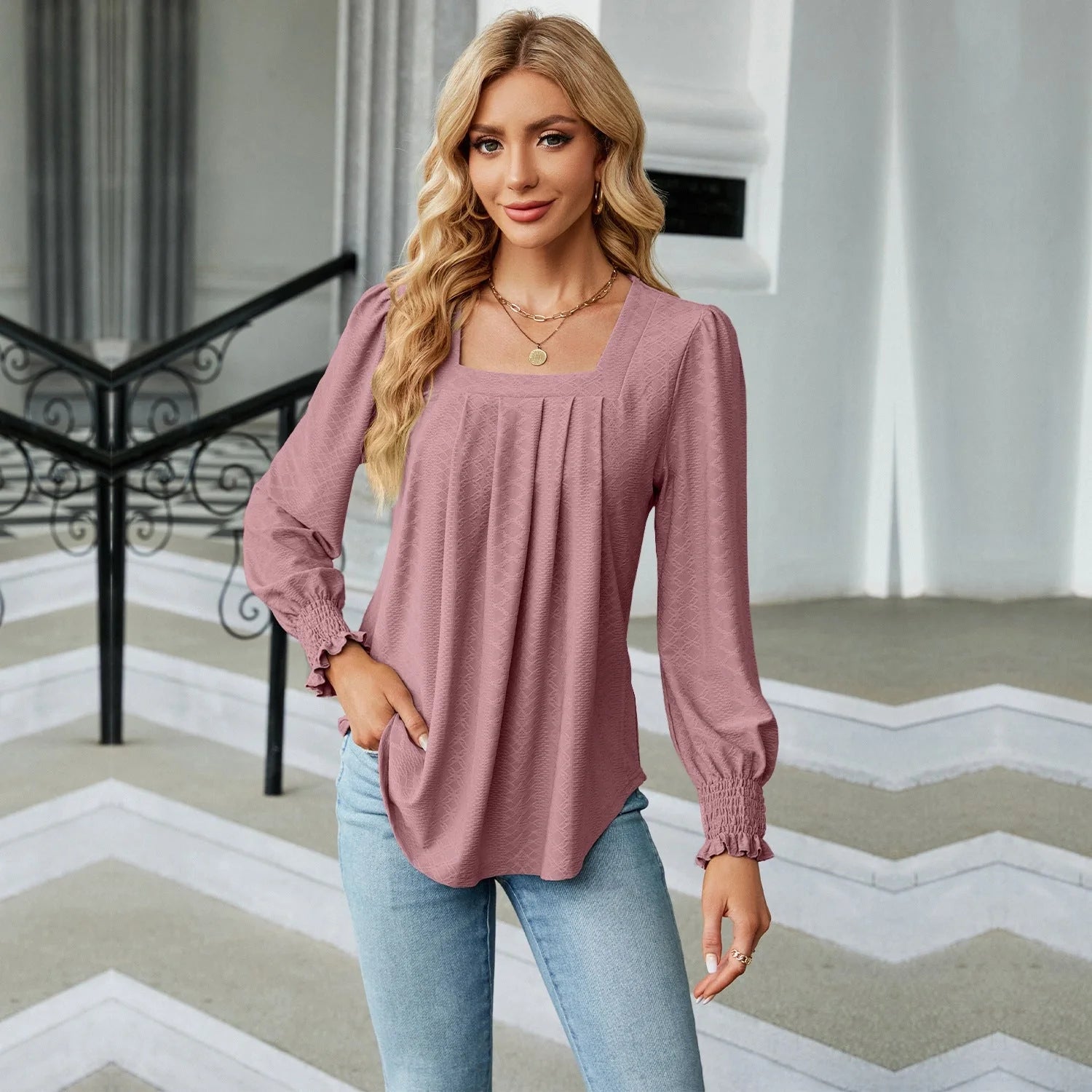 Elegant Jacquard Pleated Top in a variety of chic colours, featuring a unique pattern and flattering square neckline