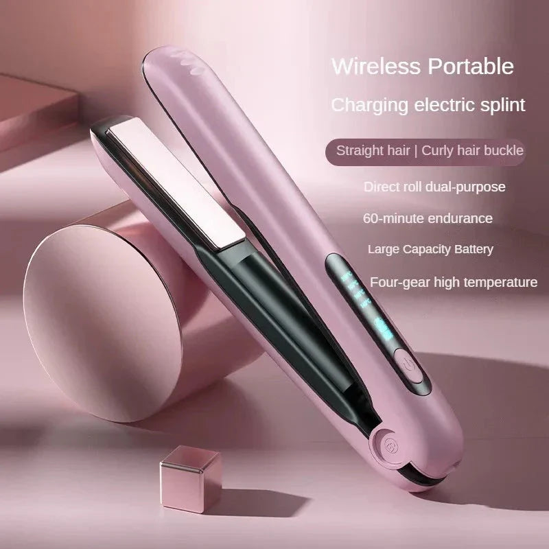 Cordless hair straightener and curler with ceramic plates, 4 heat settings, and 5000mAh rechargeable battery for on-the-go styling