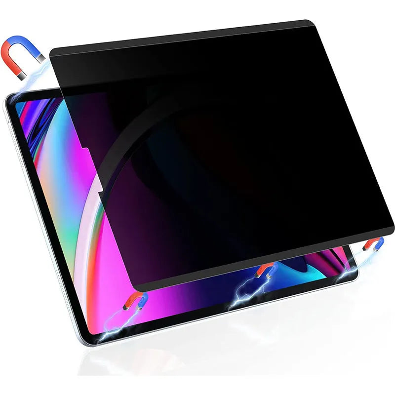 Magnetic suction anti-peeping film on iPad screen with storage clip, showing privacy protection and PET material clarity