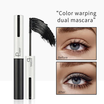 Black waterproof mascara tube with applicator showing curled lash effect