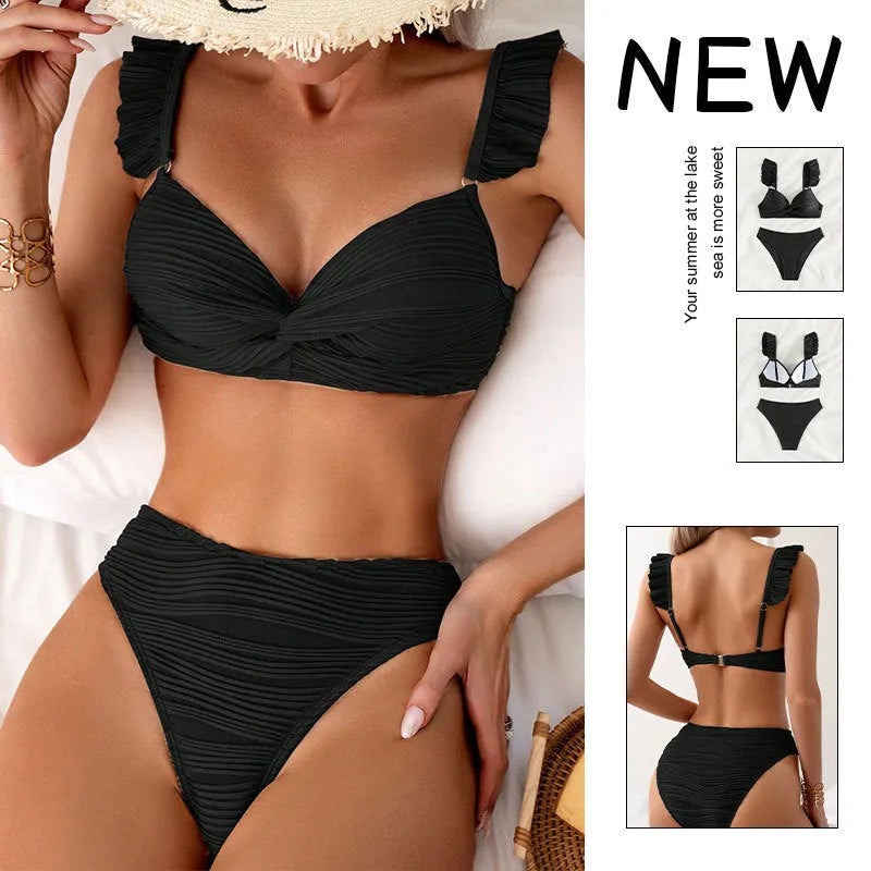 Women's solid colour bikini swimsuit set in black or khaki