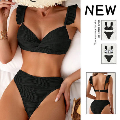 Women's solid colour bikini swimsuit set in black or khaki