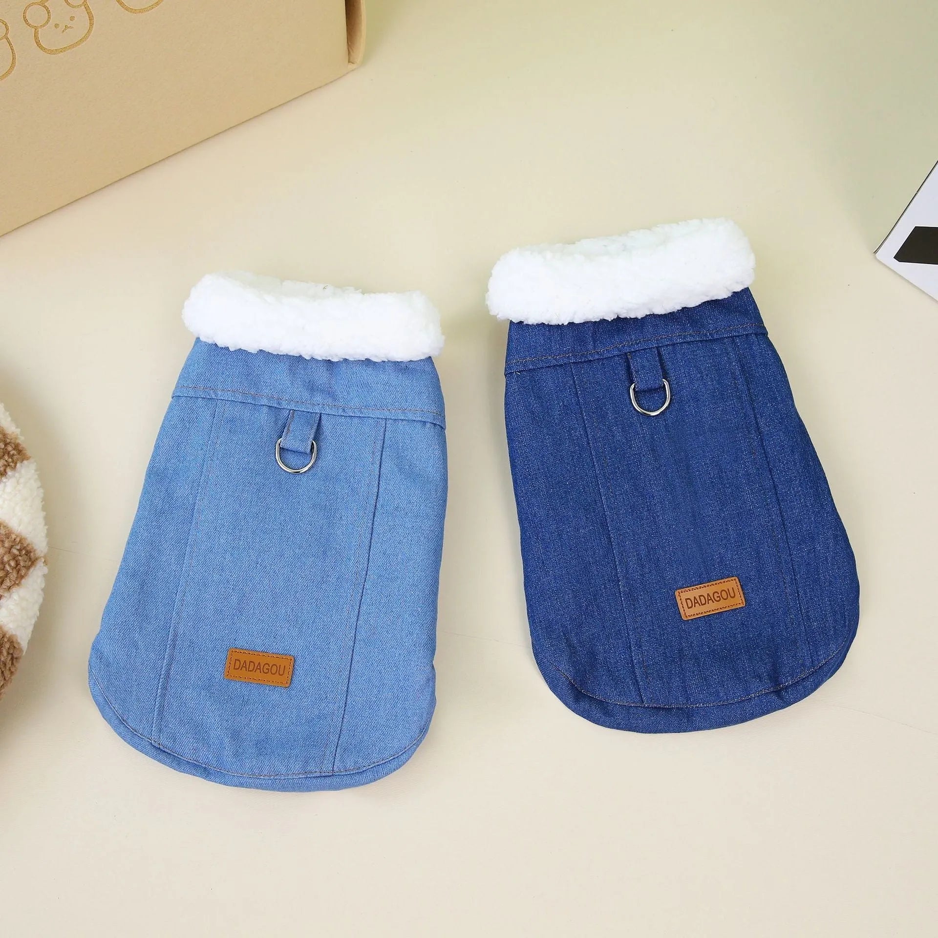 Corgi wearing dark blue denim-style cotton dog coat showing breed-specific sizing and cotton construction