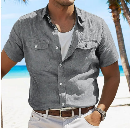 Men's loose cotton cardigan shirt with polo collar in solid colour options