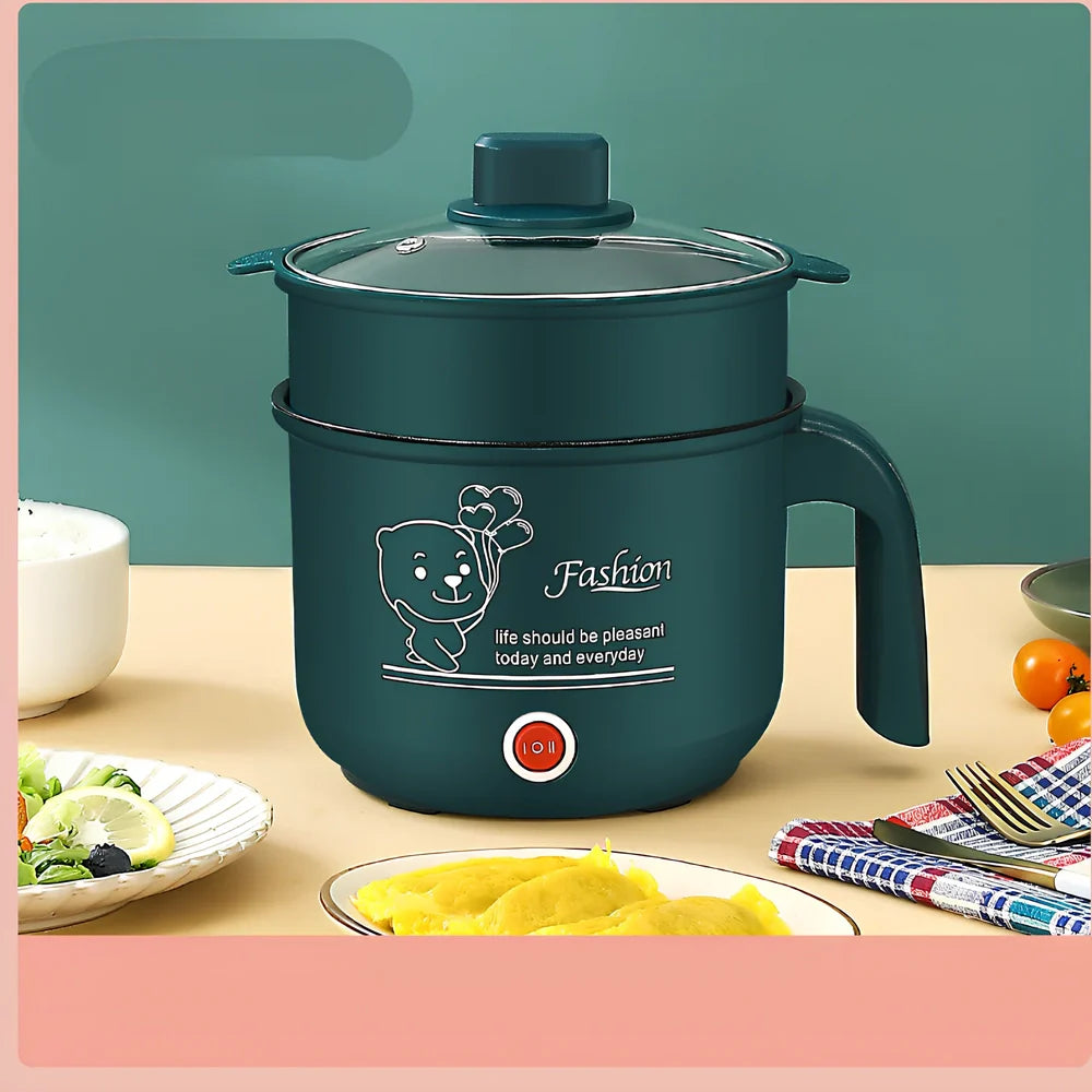 Emerald green electric cooker with stainless steel pot and dual-layer cooking capability