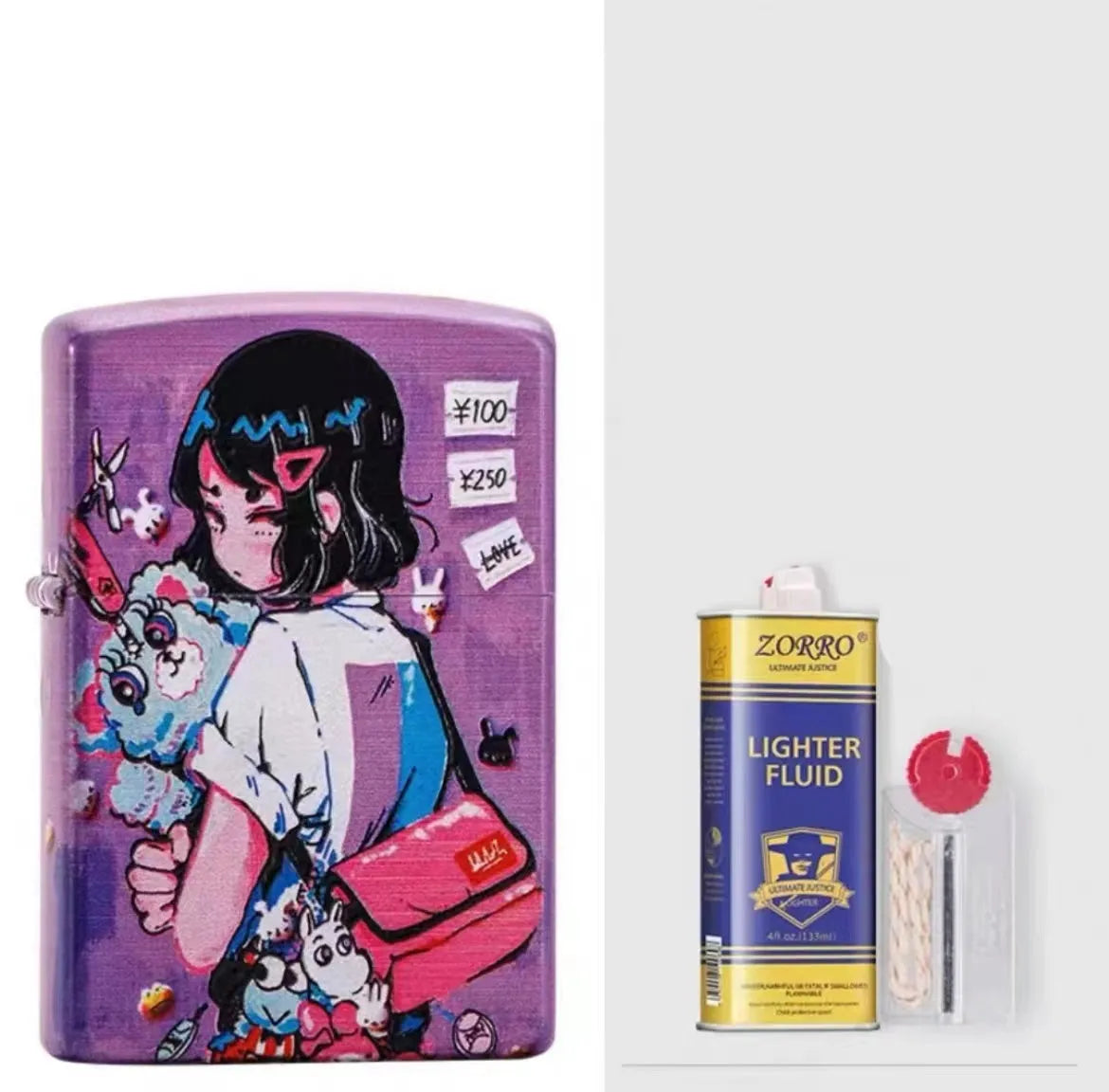Windproof kerosene lighter with grinding wheel, pure copper case, shown with artistic design options.