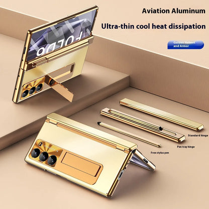 Aluminium alloy flip phone case for Samsung Z Fold 6 with magnetic suction and bracket in gold or black armour colour