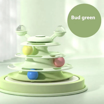 Four-level cat toy turntable tower with roller balls and 360-degree top ball in PP