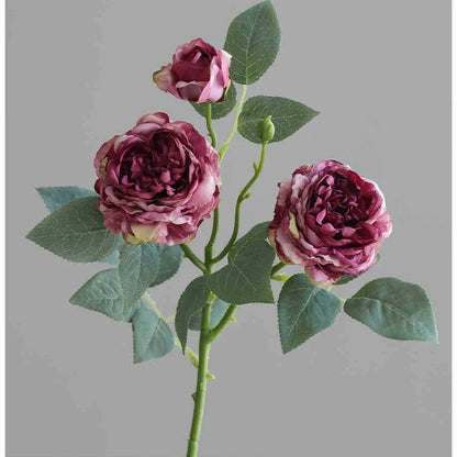 Three-head artificial silk rose flower arrangement with baked edge petals in six colour options