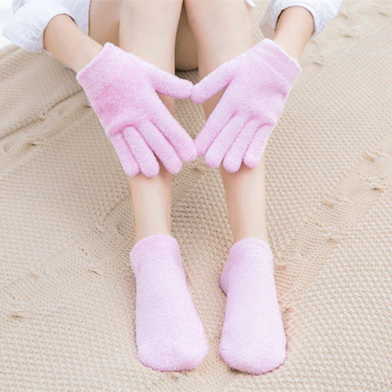 Luxurious hand and foot masks in pink and green colors, designed to deeply hydrate and rejuvenate dry, cracked skin
