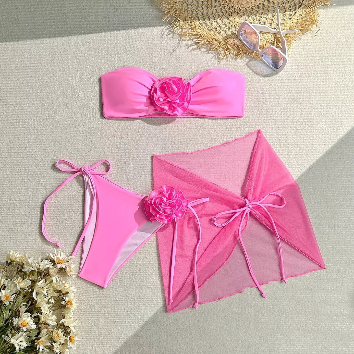 Women's floral tube top swimsuit with three-dimensional big flower design