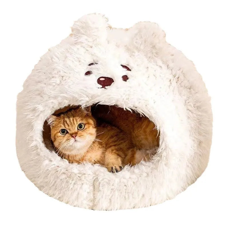 Semi-enclosed yurt-style cat litter kennel tent with plush fleece lining and animal print cover
