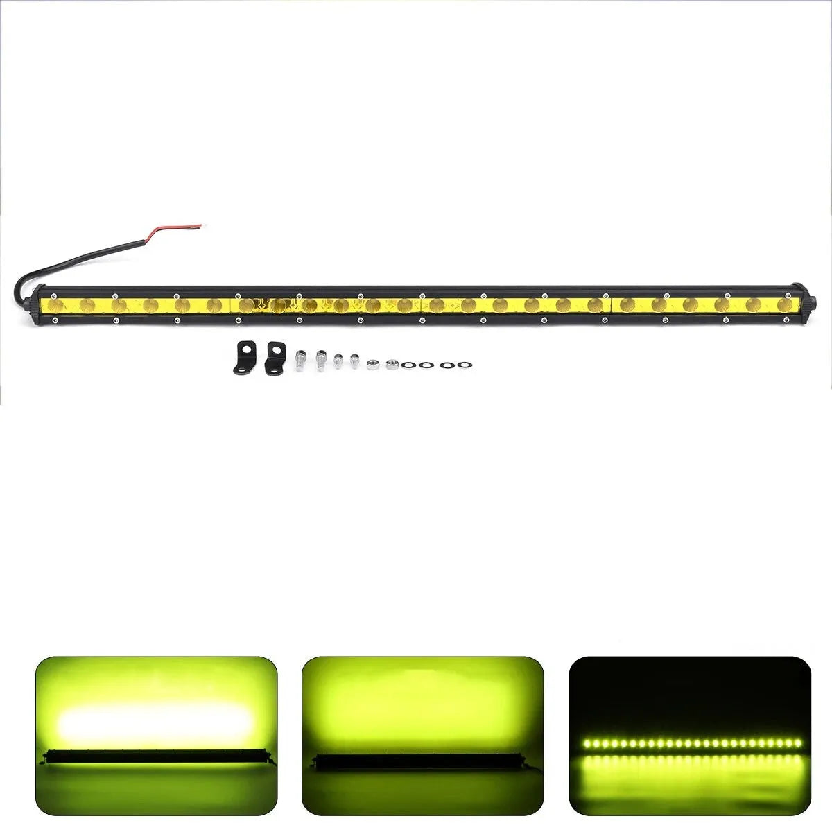 25-inch long aluminium single row LED light bar with mounting brackets and screws.