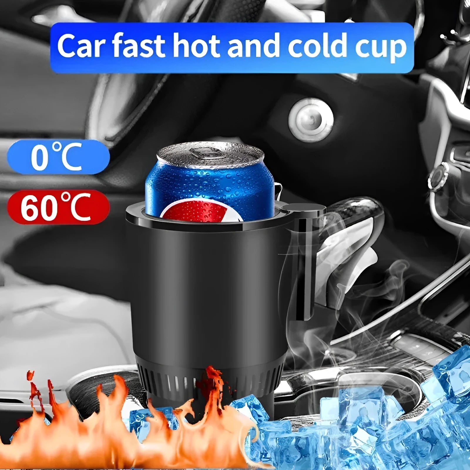 Black 12V car heating and cooling cup with digital display in a vehicle cup holder.