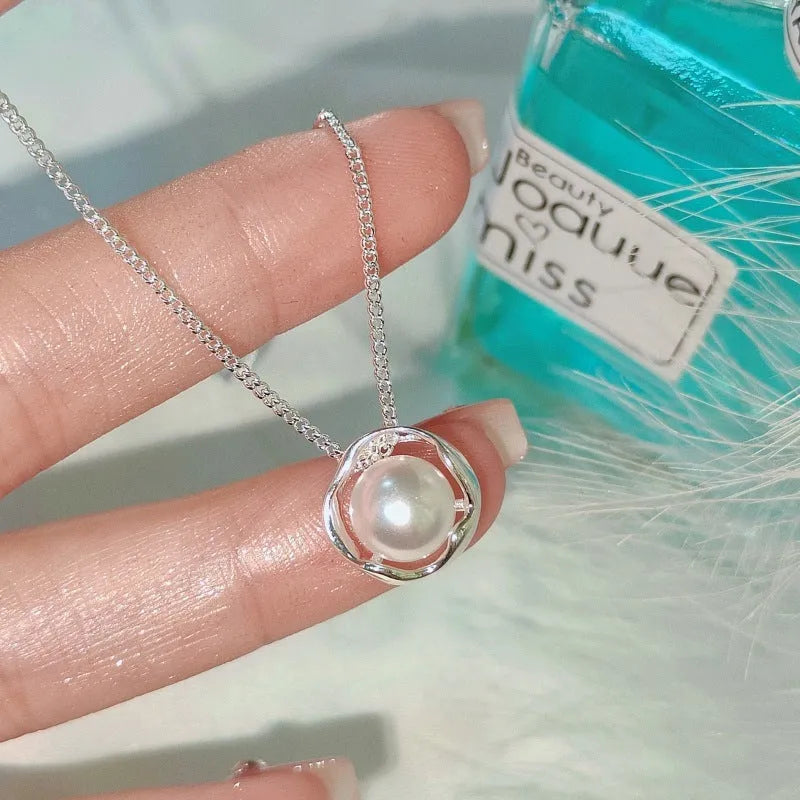 Rose pearl necklace for women with pearl pendant on copper cross chain, geometric circle ring design, 41-50cm