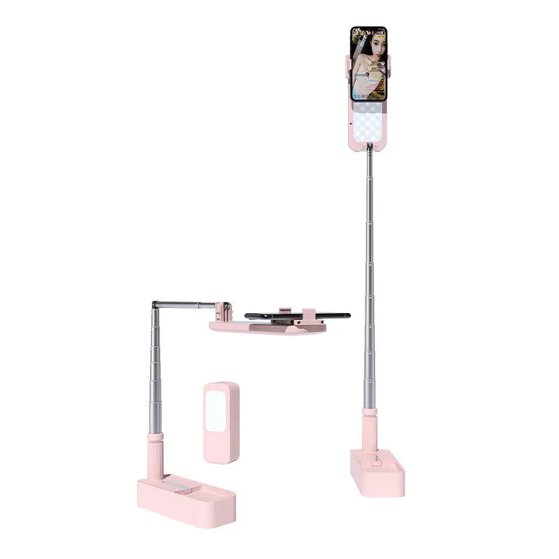 Pink floor-standing fill light with telescopic aluminium alloy stand and wireless remote for mobile phone live streaming.