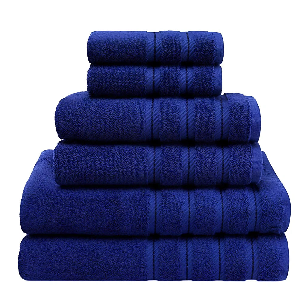 Three-piece long staple cotton towel set in blue: 33x33cm face cloth, 70x33cm hand towel, 70x137cm bath towel