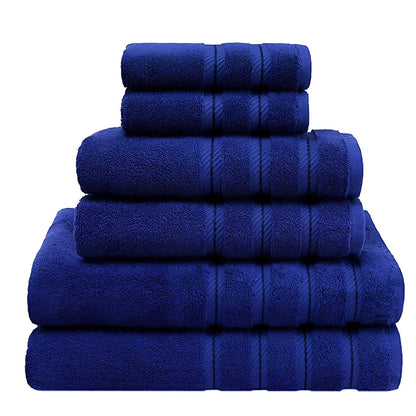 Three-piece long staple cotton towel set in blue: 33x33cm face cloth, 70x33cm hand towel, 70x137cm bath towel