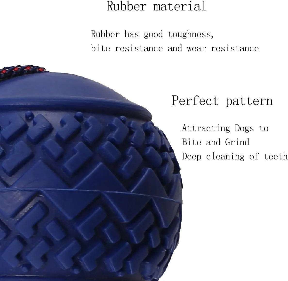 Blue dog ball with rope toy showing 6.5cm diameter textured rubber ball on 29cm rope for dental cleaning and tug-of-war