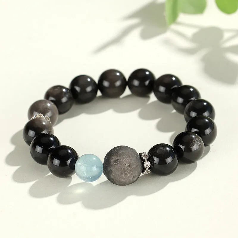 Silver stone crystal beaded bracelet with white, pink and navy blue diamond-cut crystals
