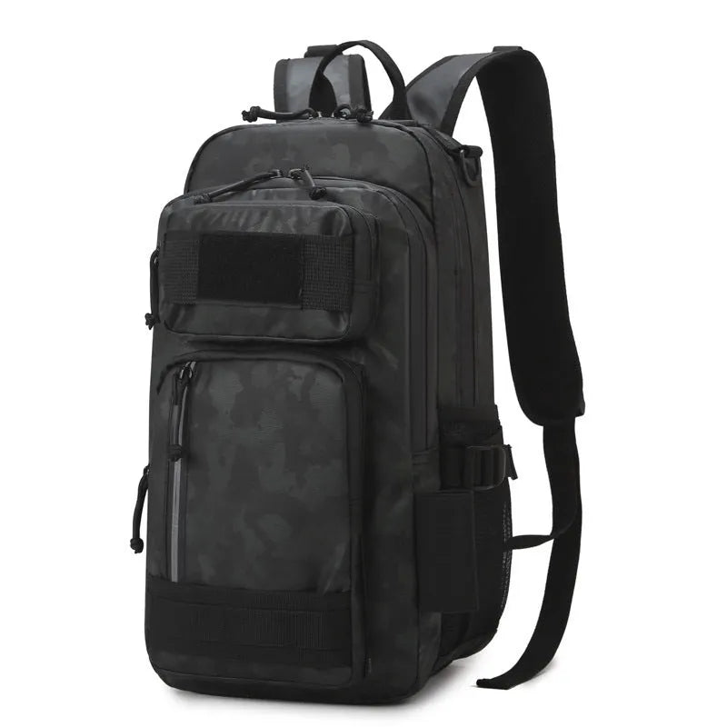 Large orange and black derm outdoor backpack with 20-35L capacity for hiking and camping.