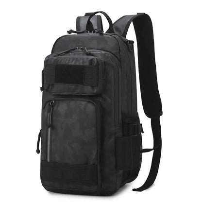 Large orange and black derm outdoor backpack with 20-35L capacity for hiking and camping.
