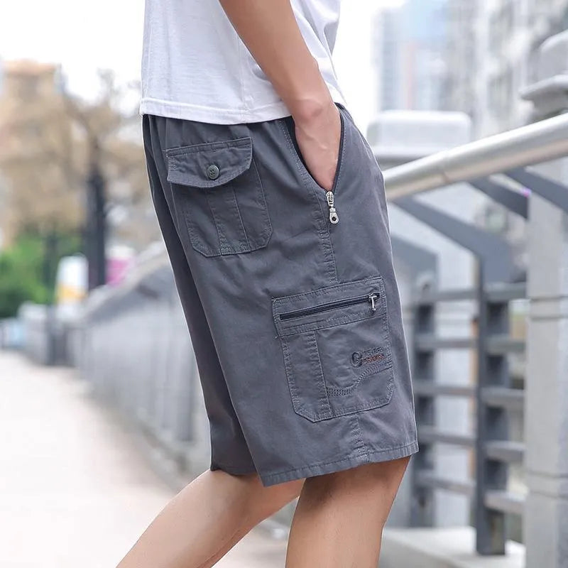 Men's straight leg cotton summer trousers in light grey, dark grey, black blue, and army green colours