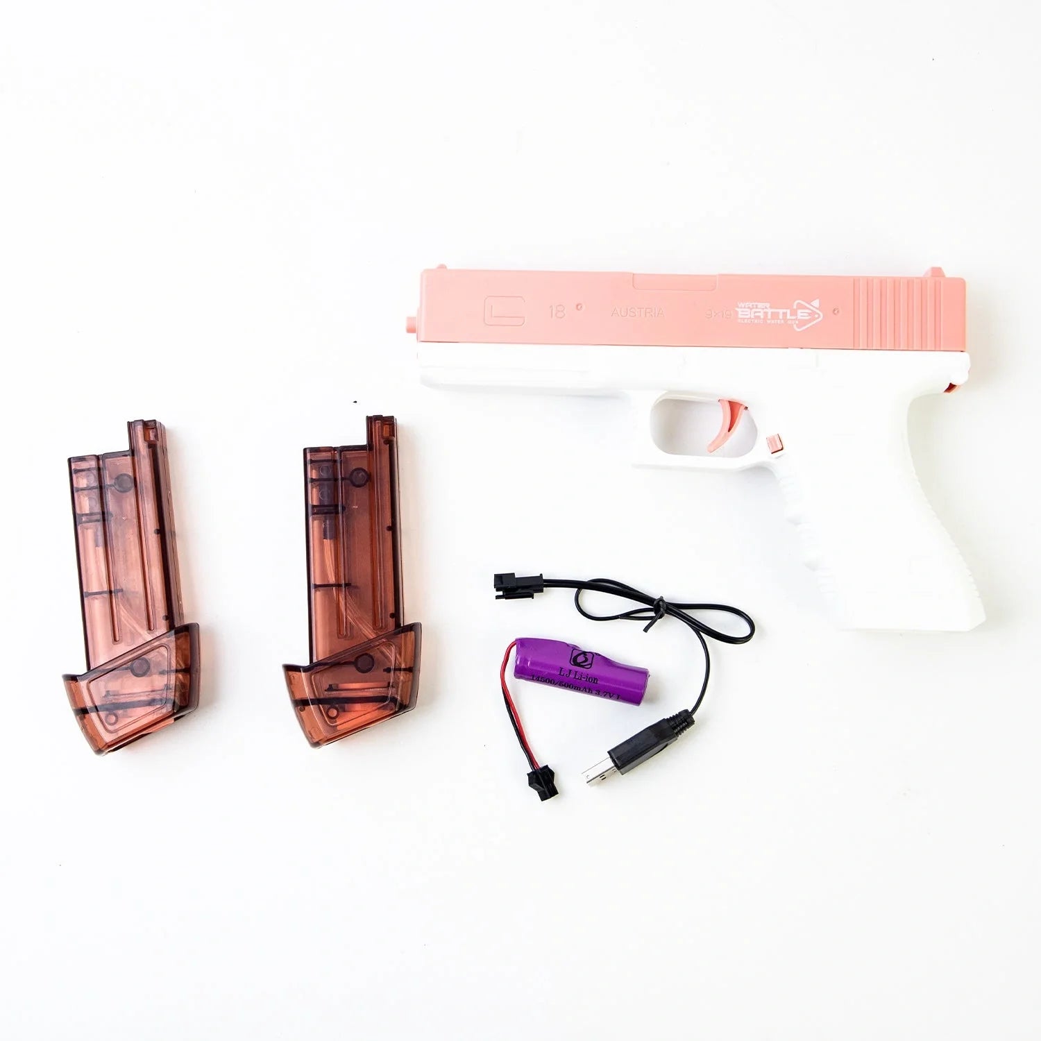 Electric Space Water Gun in blue and pink with USB charging cable