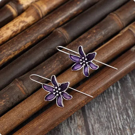 Retro purple flower alloy earrings with electroplated finish, approximately 2cm diameter