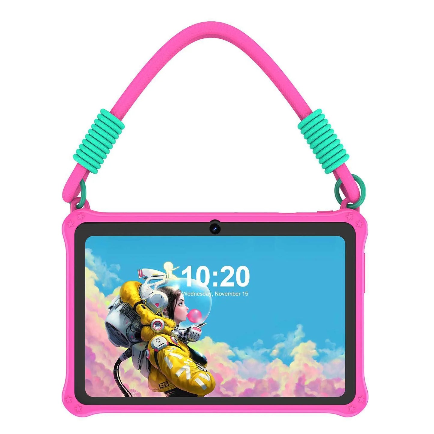 Blue silicone protective case with strap for a 7-inch children's tablet, shown with screen protector and cable.