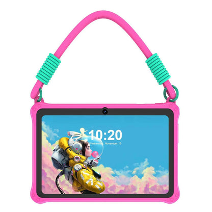 Blue silicone protective case with strap for a 7-inch children's tablet, shown with screen protector and cable.