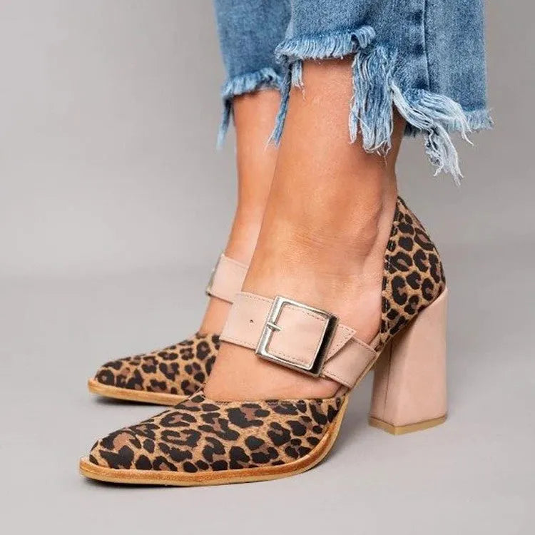 High Heel Pointed Toe Sandals with Belt Buckle and Leopard Print in Red or Pink, Suede Upper, Rubber Sole, Super High Heel Over 8cm, Sizes 34-43
