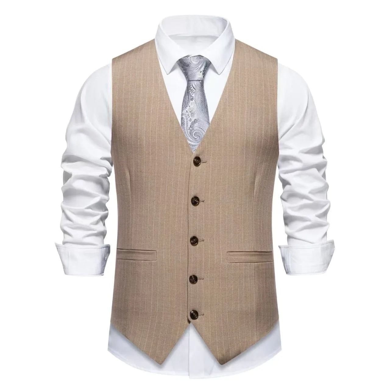 A man's striped suit vest with a non-ironing finish, shown in a red stripe pattern with a mitered hem.