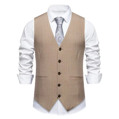A man's striped suit vest with a non-ironing finish, shown in a red stripe pattern with a mitered hem.
