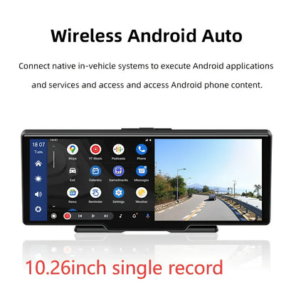 10.26 inch wireless CarPlay car recorder with 140° wide-angle lens on vehicle dashboard