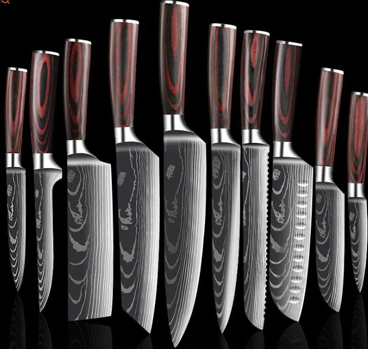Premium chef knife set with high-performance stainless steel blades, featuring a striking Damascus pattern and ergonomic color-coated handles