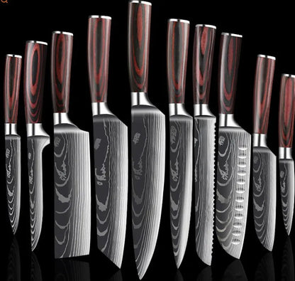 7-inch chef knife with laser Damascus pattern on blade and coloured steel handle on a cutting board.