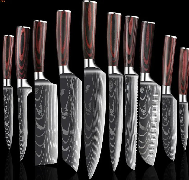 Professional chef knife with laser-etched Damascus pattern on 7Cr17 steel blade and coloured wood handle.