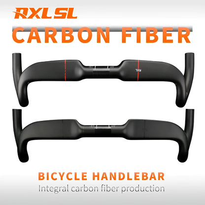 Carbon fibre road bicycle handlebar with double-line design in red, shown from above.