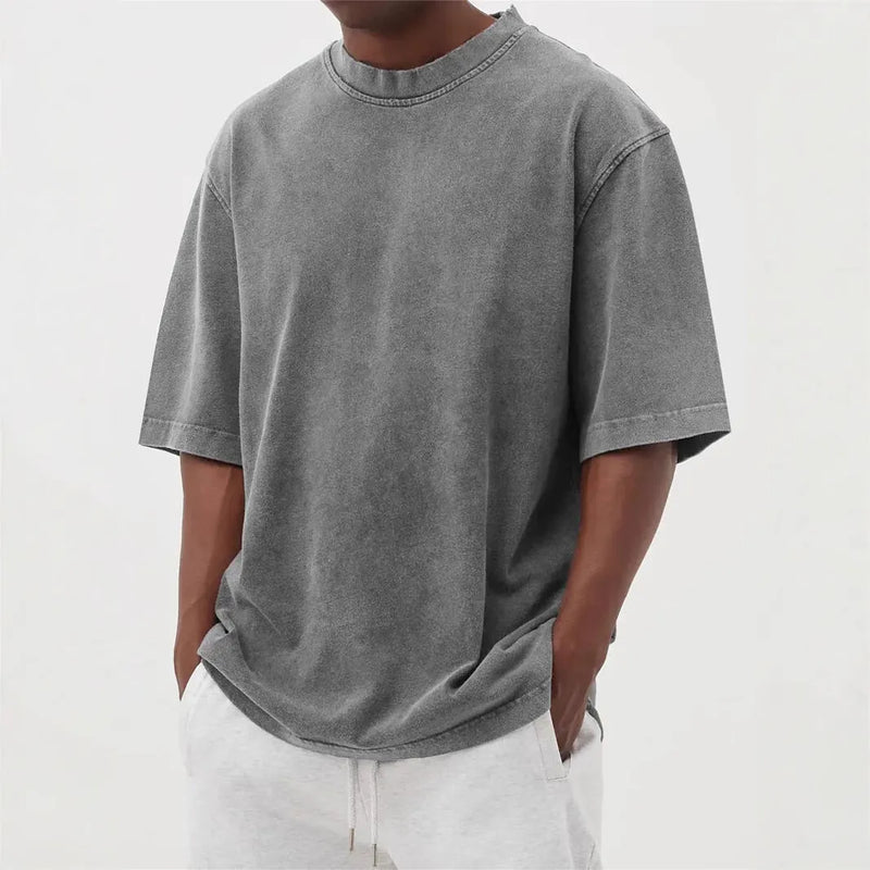 Men's Short Sleeve T-Shirt Loose Fit Stone-Washed Distressed Solid Colour Pullover Top in Polyester Fabric for Leisure Wear with Multiple Colour Choices Including Army Green and Khaki