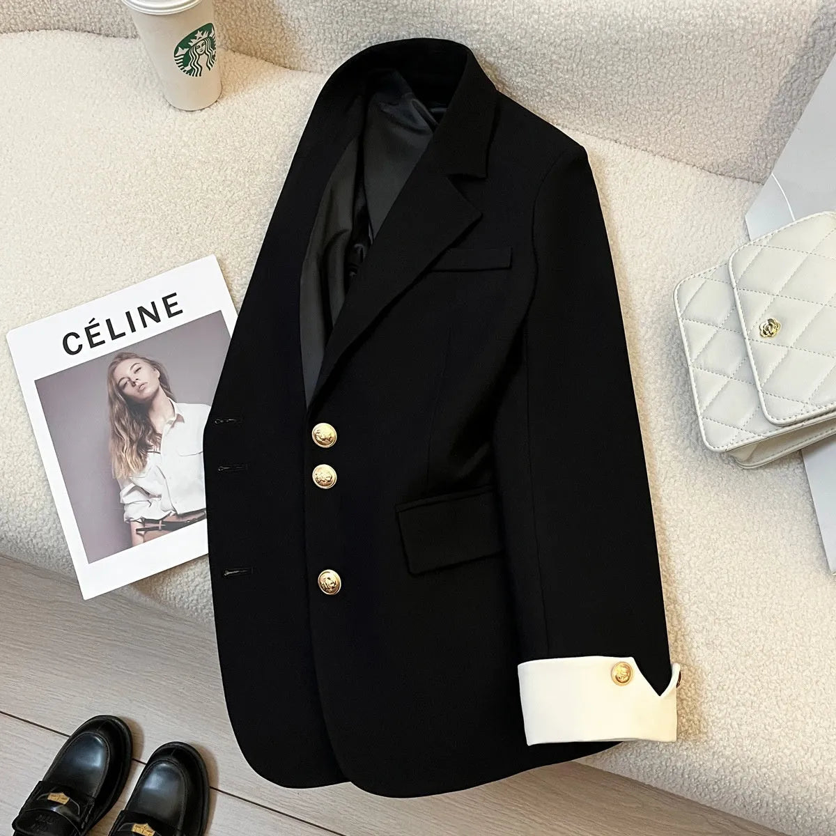 Women's Korean-style coat with 65cm length, loose fit, regular long sleeves and pockets in milky white