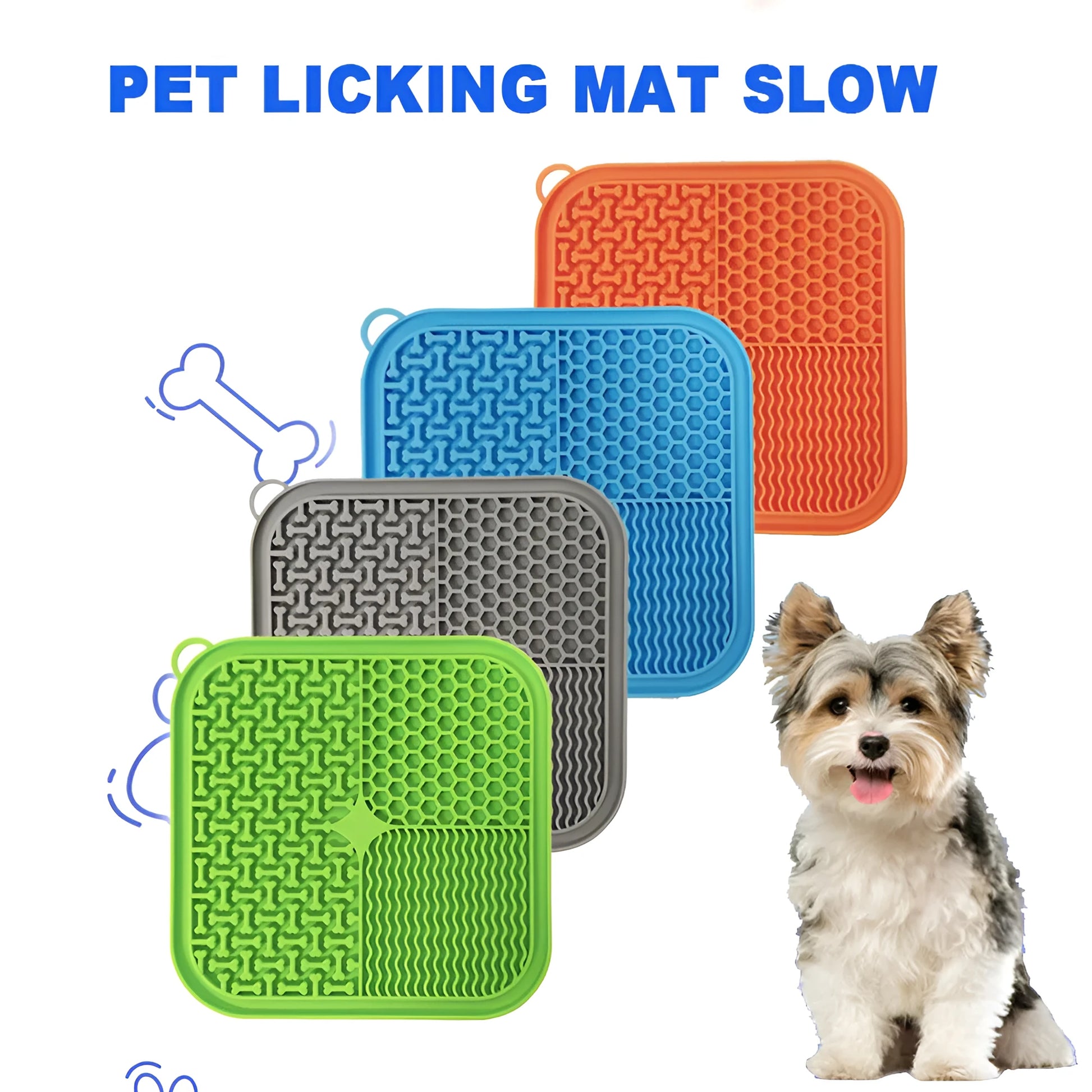 Square orange, grey, blue, and green silicone dog licking mat with suction cups on the base.