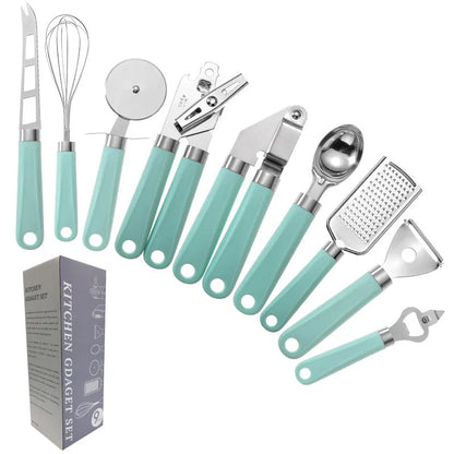 Nine-piece kitchen utensil set with stainless steel heads and plastic handles in four colour variations